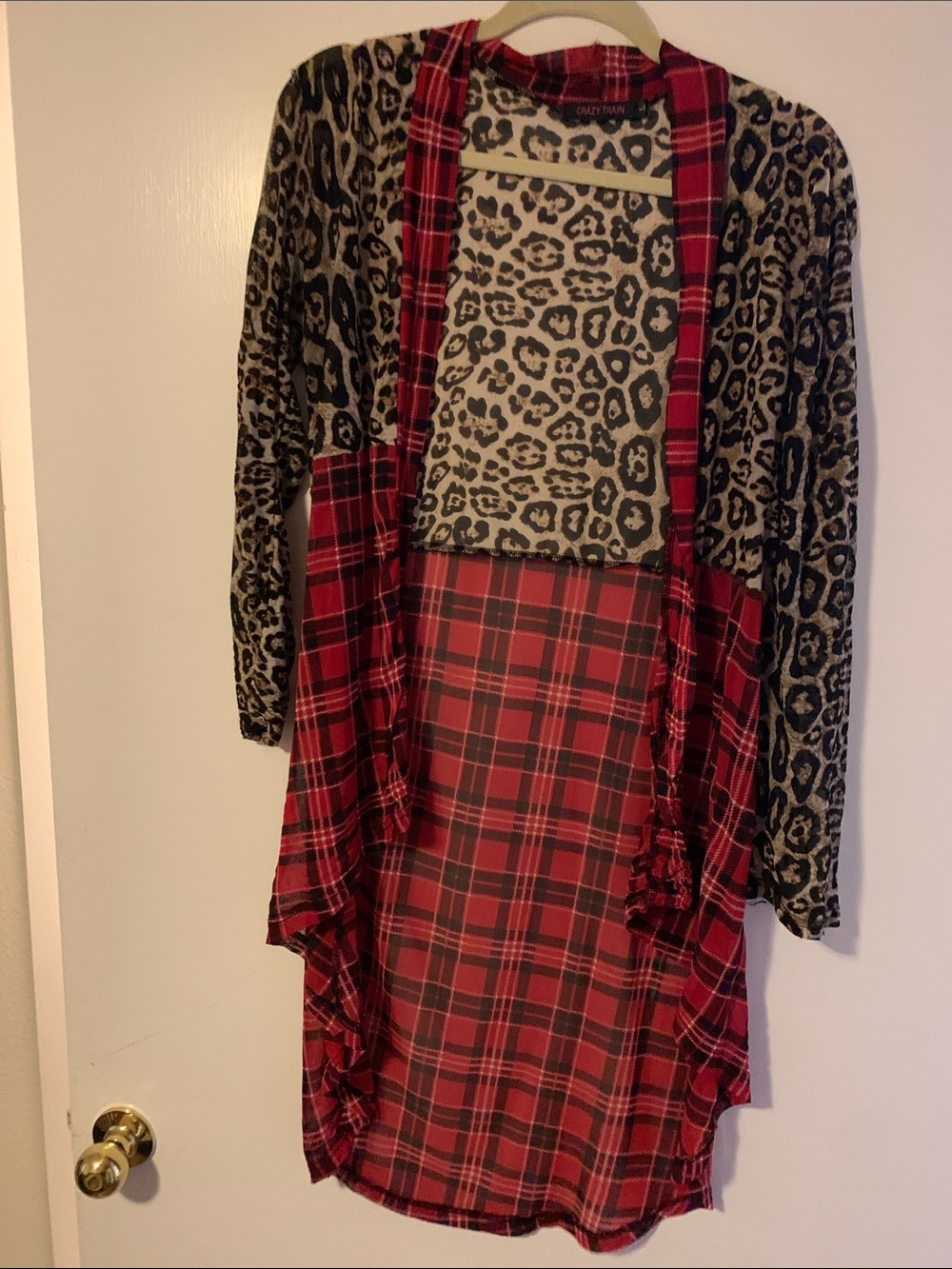 Crazy Train Red Plaid & Black Tan Leopard Mix Cardigan